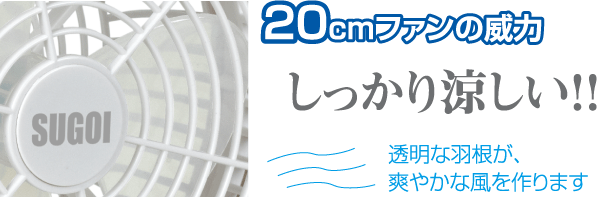 20cmファンの威力 しっかり涼しい!! 透明な羽根が、爽やかな風を作ります