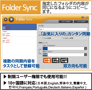 Folder Sync 指定したフォルダの内容が同じになるようにコピーします。 「お気に入りの」カンタン同期 複数の同期内容をタスクとして登録可能 双方向も可能 制限ユーザー権限でも使用可能！！10ヶ国語に対応（日本語,English,简体中文,繁體中文,한국어,Français,Português,Deutsch,Italiano,Español）